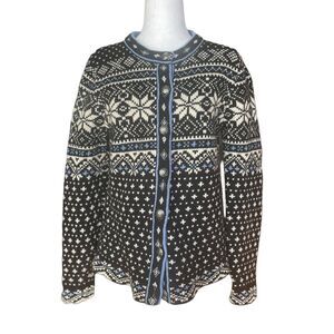 LL Bean Nordic Fair Isle 100% Lambs Wool Cardigan Sweater Womens Medium